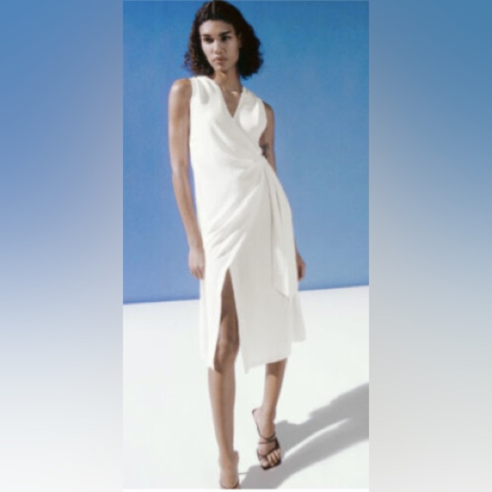 Zara white wrap dress with tie details midi neutral ecru summer light